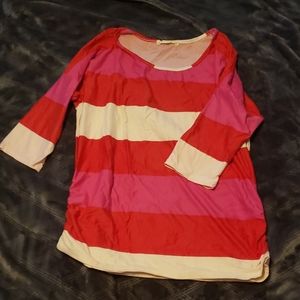 Red, pink and white strip 3/4 sleeve top